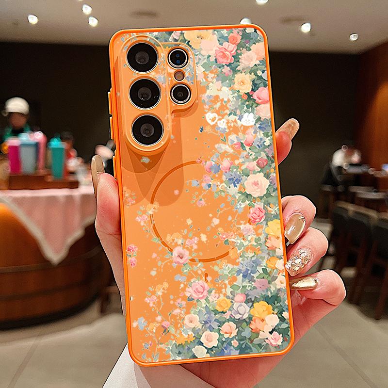 Magnetic For Magsafe Case For Samsung Galaxy S26 Ultra S25 Edge S24 Plus S23 FE S22 A54 A55 A56 5G Flower Garden Pattern Matte Cover