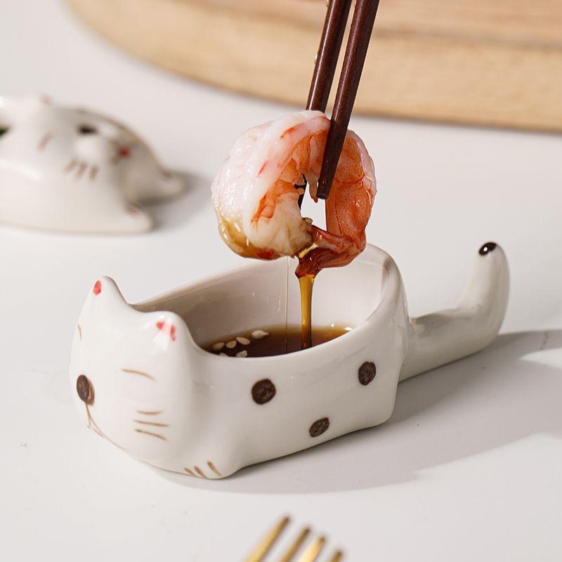 2pcs Ceramic Cat Dish Multi-Functional Sauce Plate & Chopstick Rest