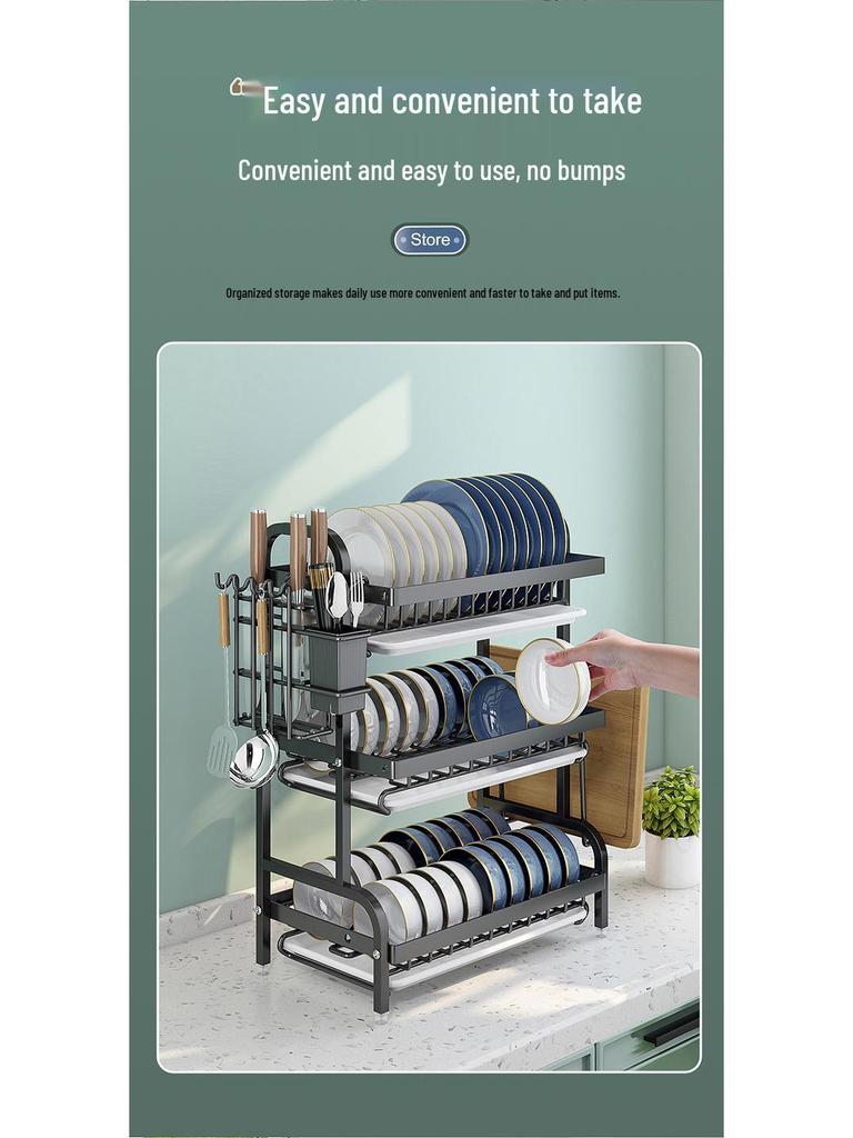 Multi-functional Stainless Steel Kitchen Bowl and Dish Storage Rack with Chopsticks Holder