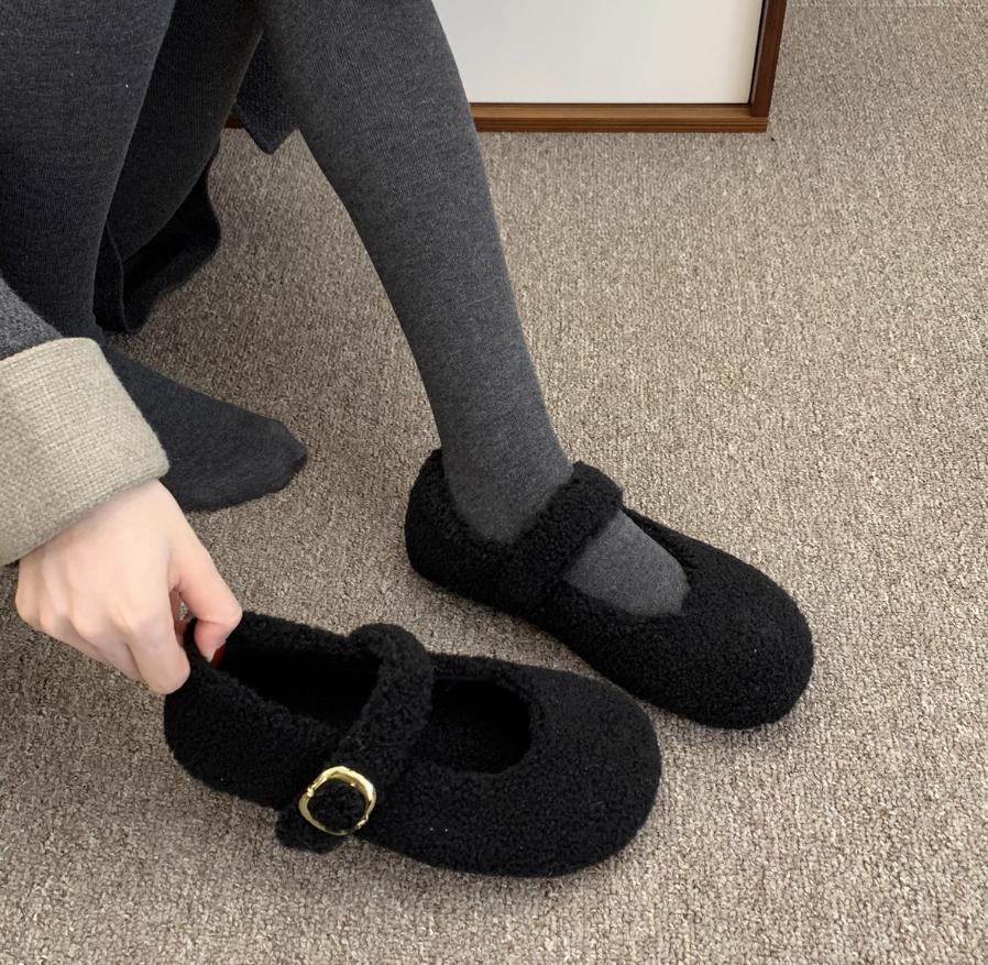 Fashion Round Toe Wool Ballet Flats Woman Concise Warm Plush Loafers Ladies Brand Design Fluffy Mary Jane Shoes in Red Grey