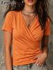 Summer New Women's T-Shirt Casual Short Sleeve Ruched V-Neck Top for Women