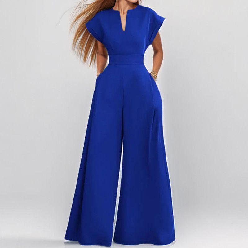 

European and American Loose Fashion Short sleeve V-neck Solid Wide Leg Jumpsuit V-Neck Wide Leg Jumpsuit Blue XL