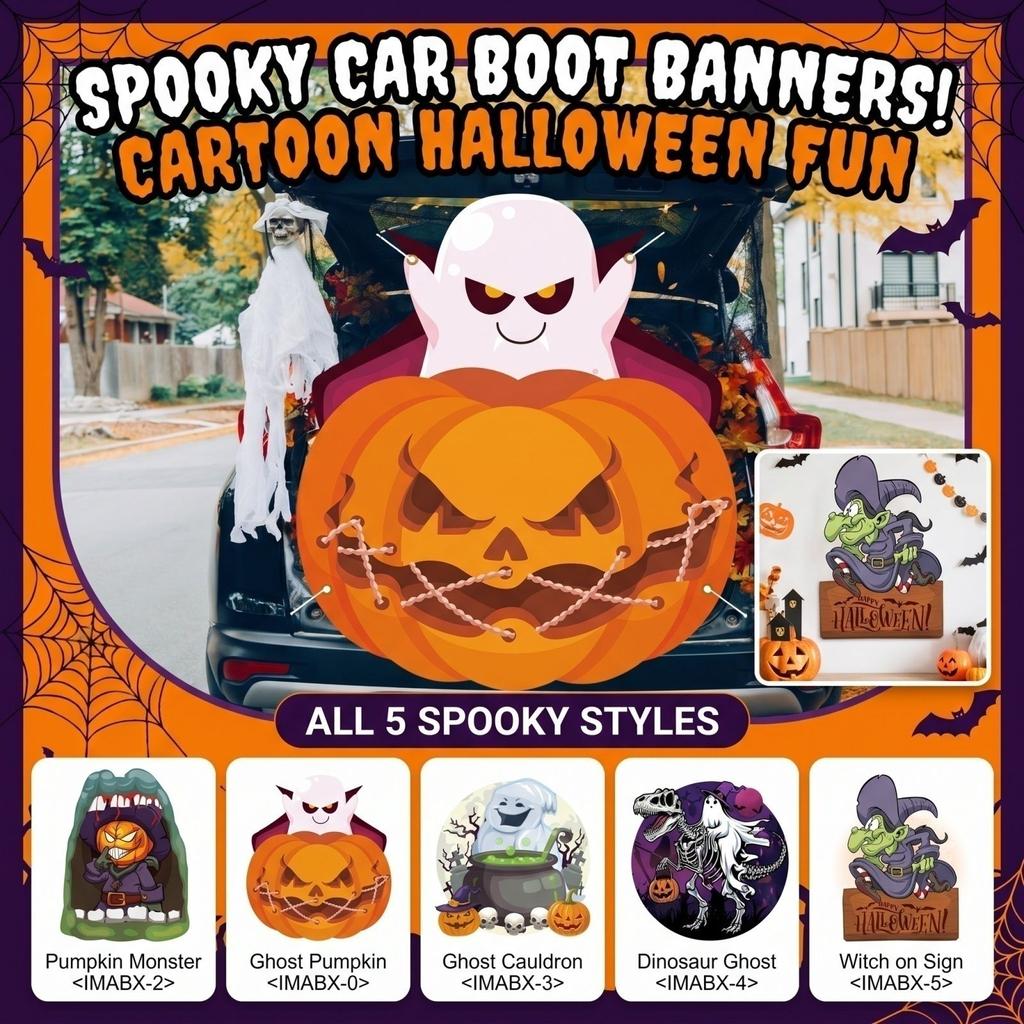Halloween Cartoon Skeleton Dinosaur Ghost Car Trunk Flag with Pumpkin Lantern Design for Vehicle Decoration Outdoor Use