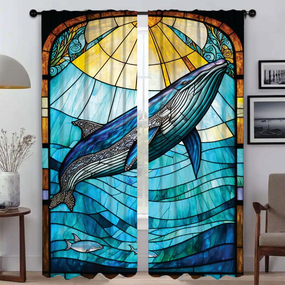Stained Glass Sealife Blackout Curtains 2 Pieces Home Interior Curtains for Living Room Curtain Tulle for Bedroom Shades Kitchen