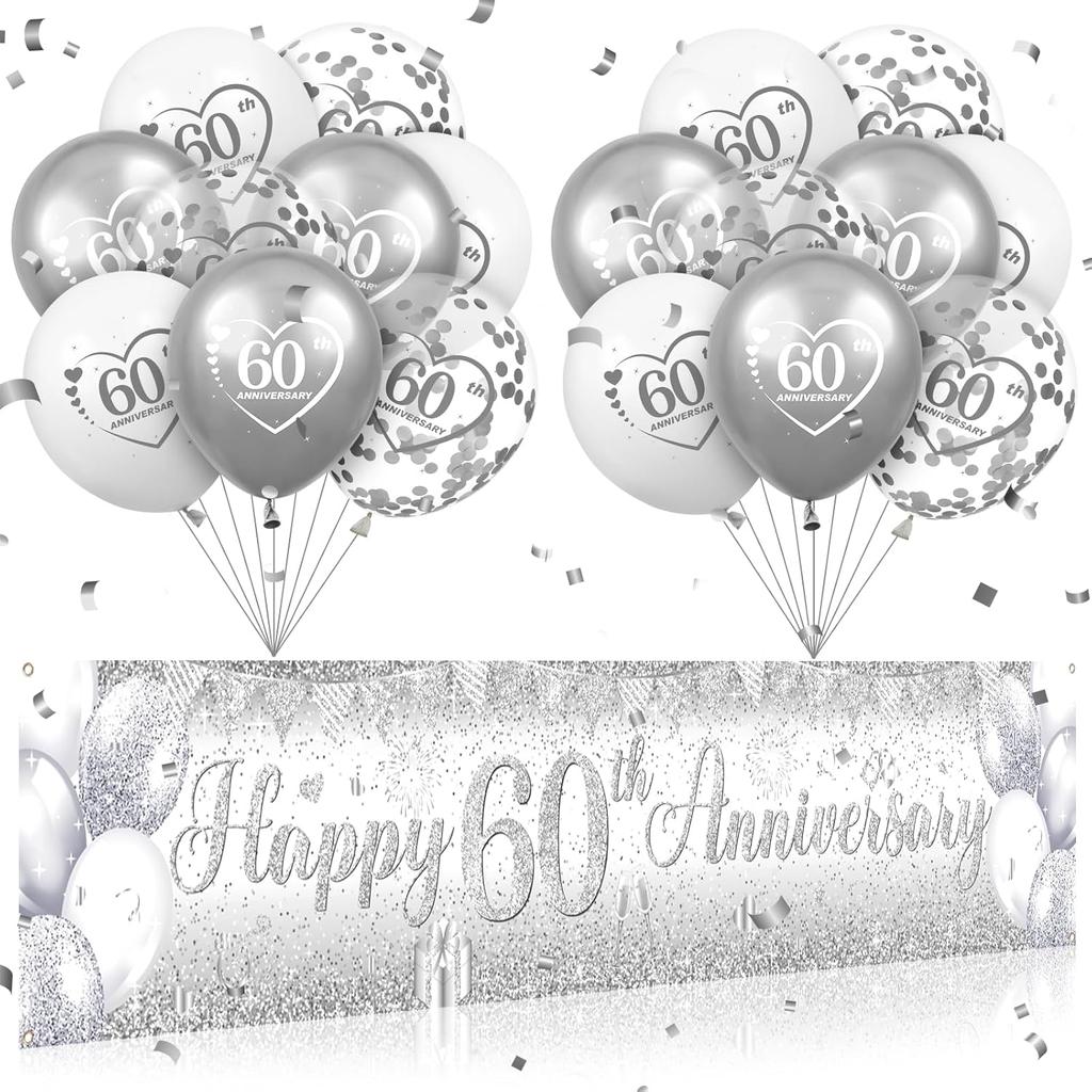Blue Silver 60th Wedding Anniversary Decorations for Men Women Blue Silver Happy 60th Anniversary Banner and 18Pcs Balloons for 60 Years Wedding