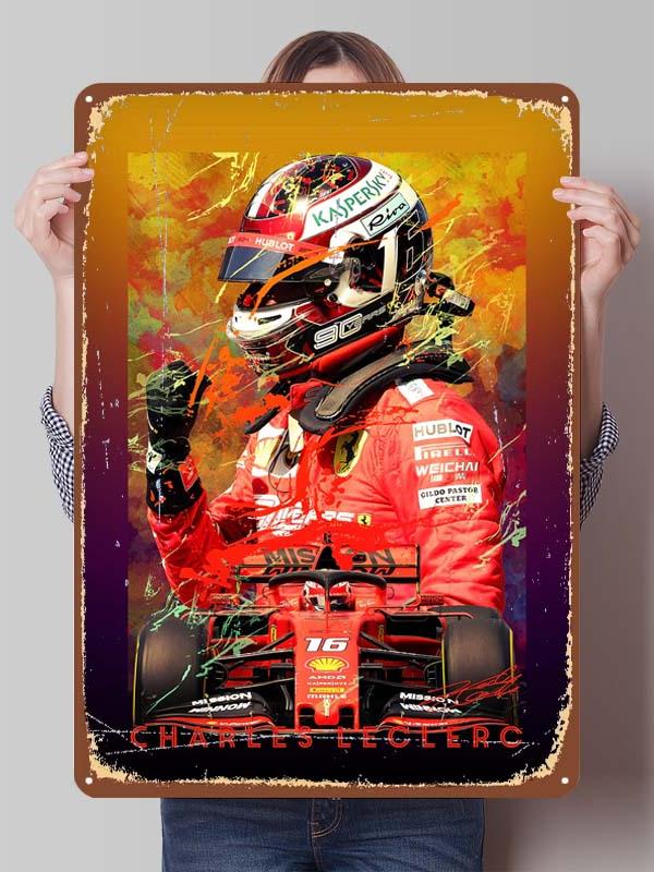 Charles Leclerc Rennfahrer Poster F1 Rennsport Metallschilder Wandkunst Wandbild Benutzerdefinierte Blechschilder für Wandkunst Dekoration Vintage Metallschild