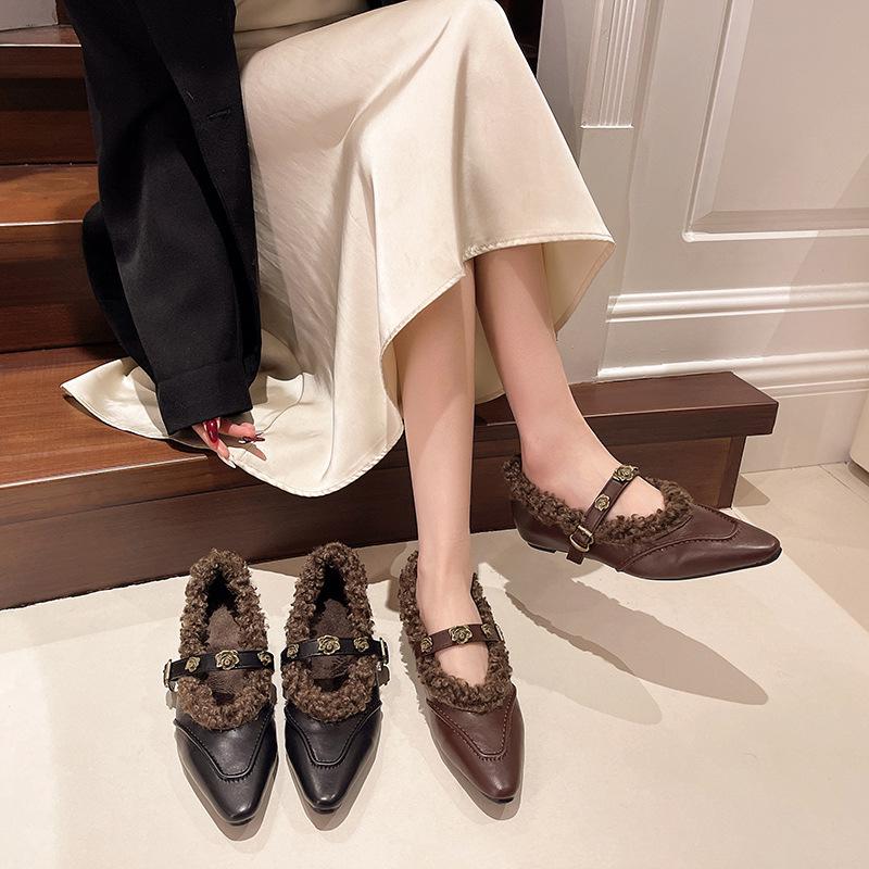 Women's shoes with fleece to keep warm Mary Jane women's shoes inner height increase single shoes women's 2025 autumn and winter new flat shoes fluffy