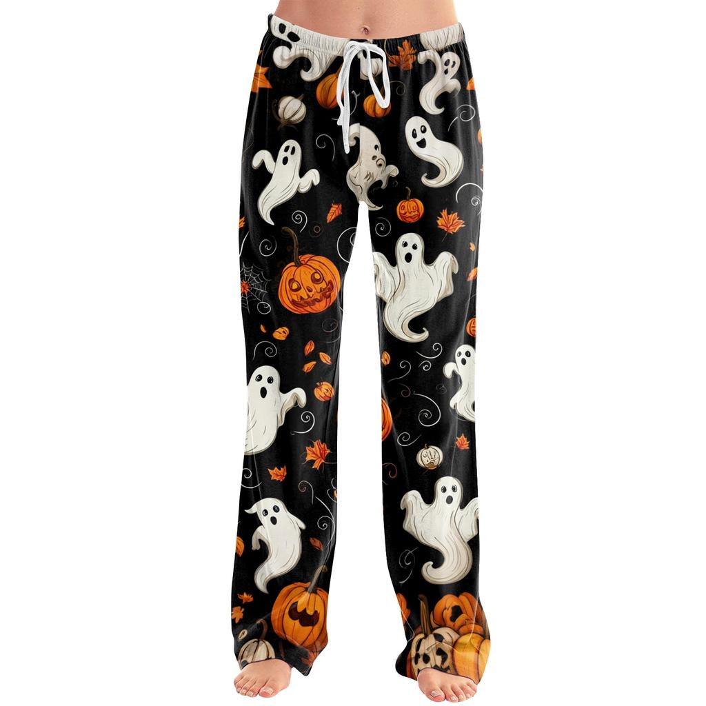 Damen Halloween Print Kordelzug Hose Lässige Lockere Passform Lounge Hose Weicher Leichter Stoff Volle Länge Pyjamahose für den Alltag