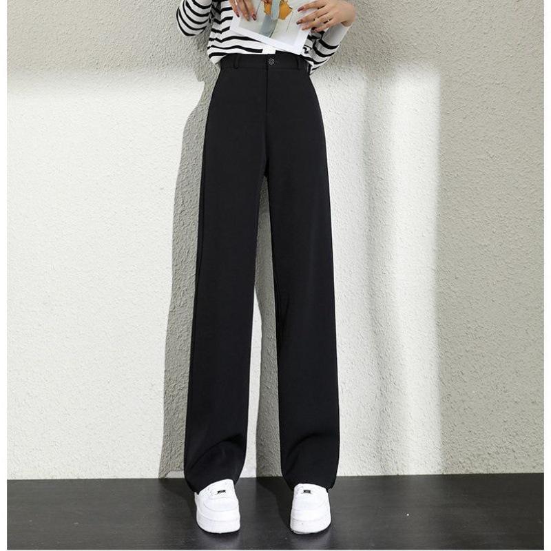 Damen High Waist Gerades Bein Anzugshose Fließende Mikrofaser Stretch Weites Bein Hosen Elegant Büro Unifarben Schwarz Lässige Lange Hosen Für Frühling Herbst