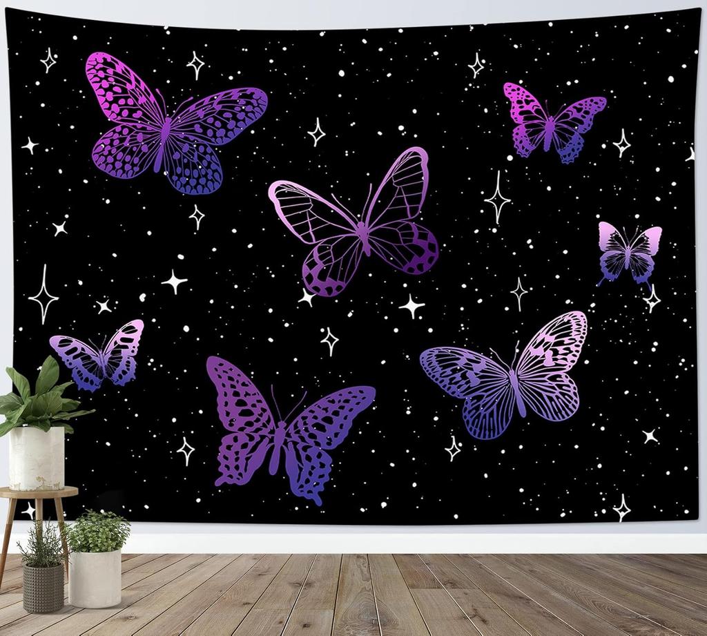 Purple Butterfly Tapestry Wall Hanging Black Starry Night Sky with Celestial Galaxy Wall Tapestry Bohemian Wall Decor Bedroom