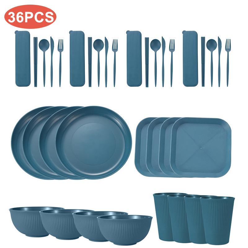 32/36pcs Wheat Straw Cutlery Set Spoon Fork Chopsticks Tableware Picnic Camping Cup Bowl Dish Dinnerware Set Kitchen Accessories