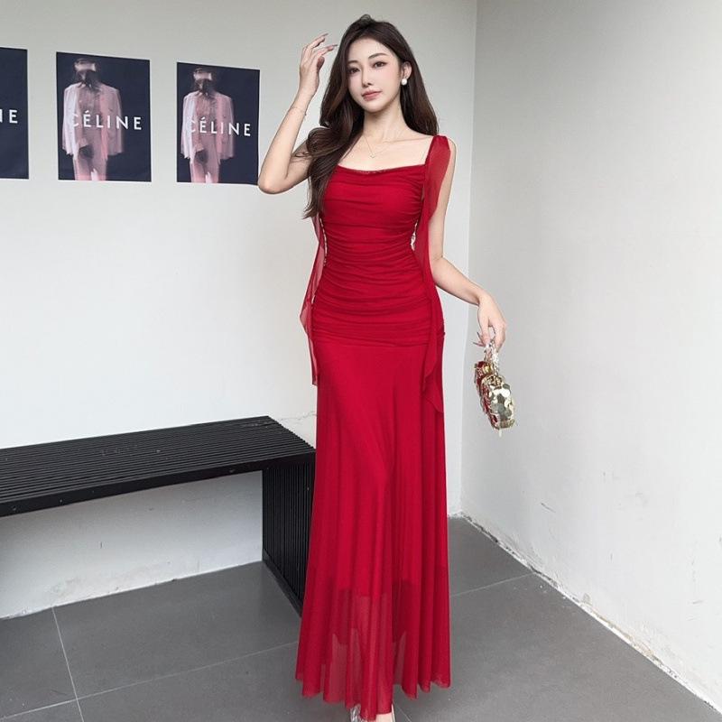 Elegant French Fairy Mesh Camisole Maxi Dress - Travel, Resort, Pleated, Cinched Waist, Hip-Hugging Mermaid Style for Women.