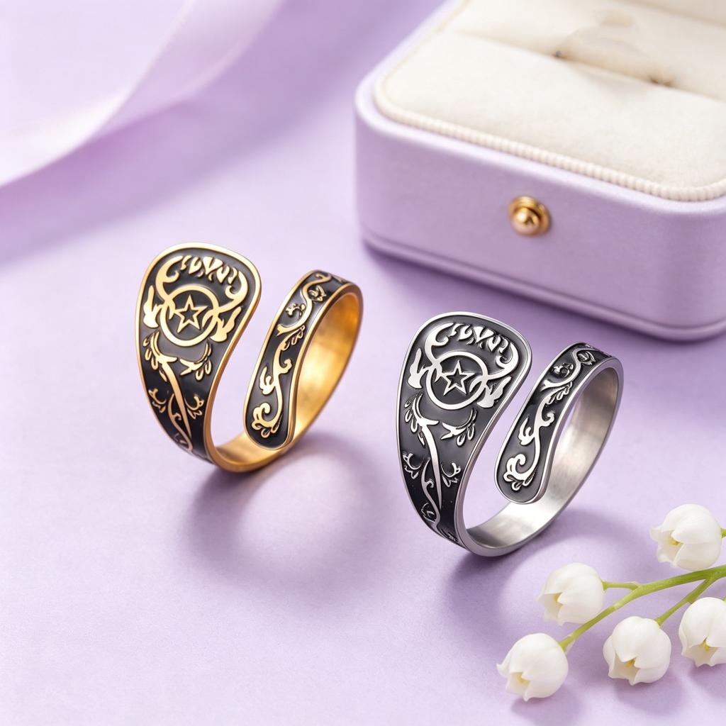 Handsome Retro Pentagram Open Ring Stainless Steel Open Ring Star Spoon Shaped Good Luck Symbol Ring Men's and Women's Jewelry