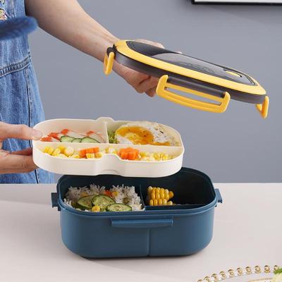2 Layer Grid Portable Hermetic Lunch Box with Fork Spoon Children Student Bento Box Leakproof Microwavable Lunch Box School