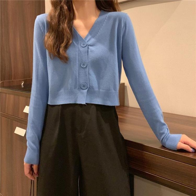 Solid One Size Women's V-Neck Knitted Long Sleeve Pullover Cardigan Sweater Spring Fall Tops Single Breasted Button Fresh Outerwear
