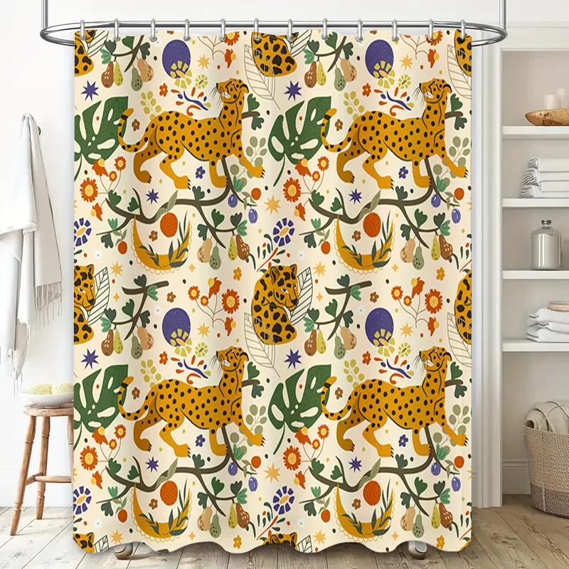 Exotic Leopard Floral Shower Curtain Decorative Bath Linen with Wildlife Print Yellow Orange Red Green Blue Flower Design for Ba