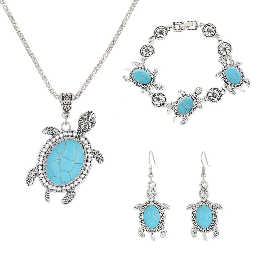 Vintage Exotic Fashionable Turquoise Turtle Necklace Set Three Pieces Bracelet Jewelry Earrings