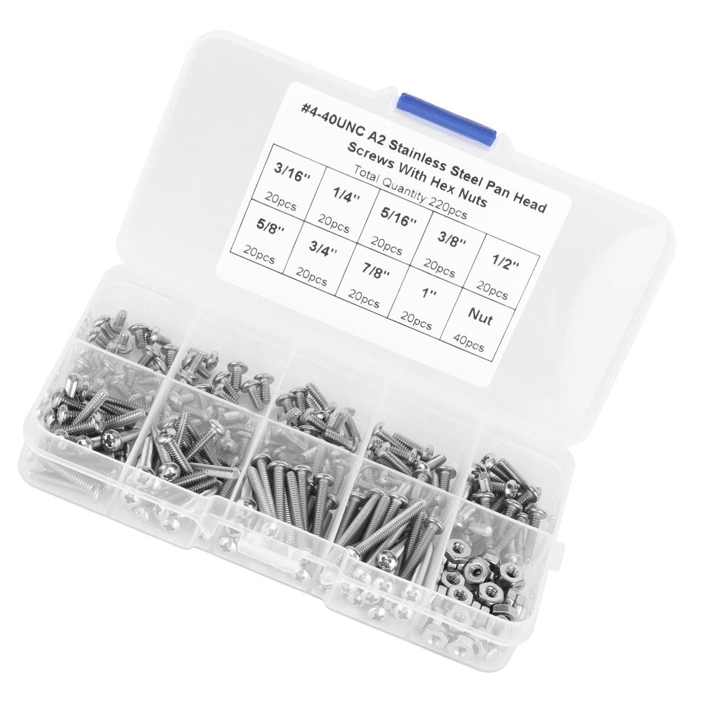 304 Stainless Steel Screws Cross Pan Head Screws with Hex Nuts Washers Screw Kit220pcs #4 40UNC