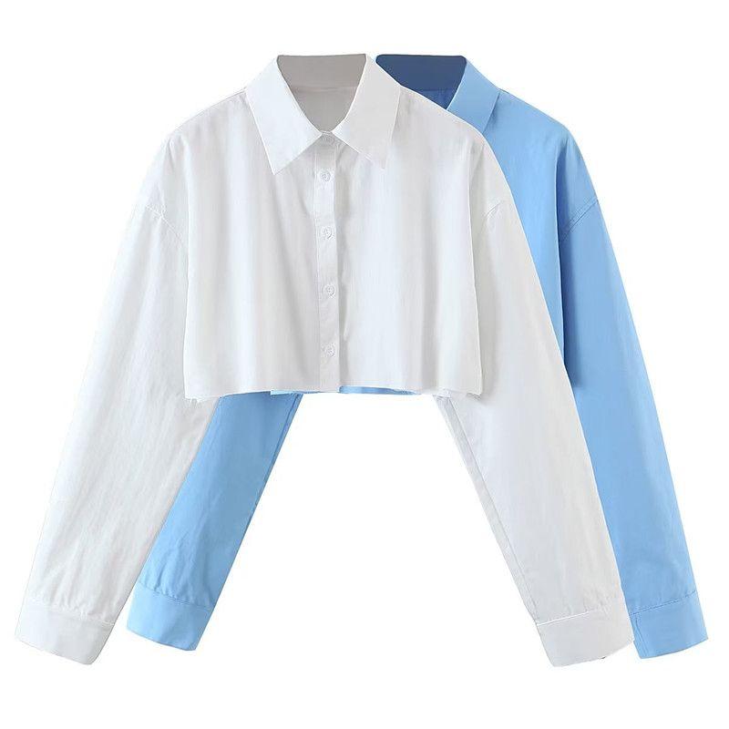 Ur European and American-Style Long-Sleeved Lapel Ripped Hot Girl Midriff Outfit Shirt