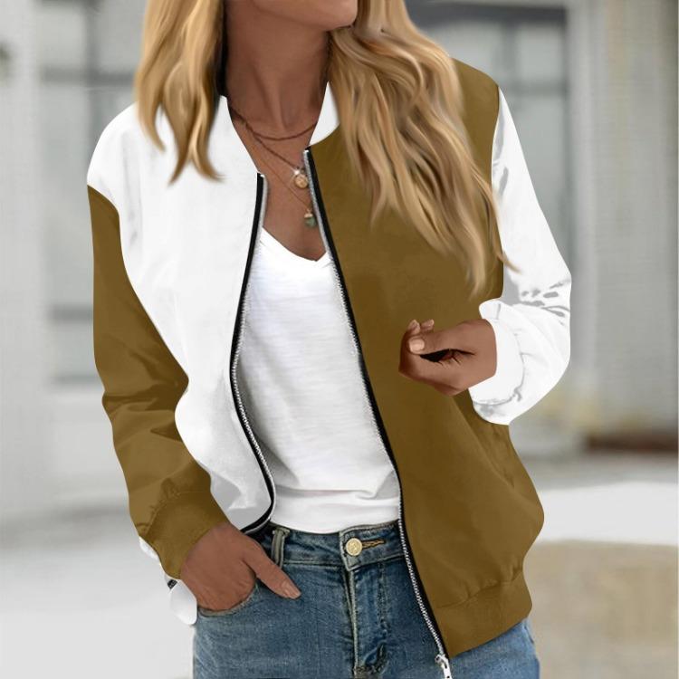 Print Round Neck Casual Long Sleeve Zipper Jacket Fashionable Women