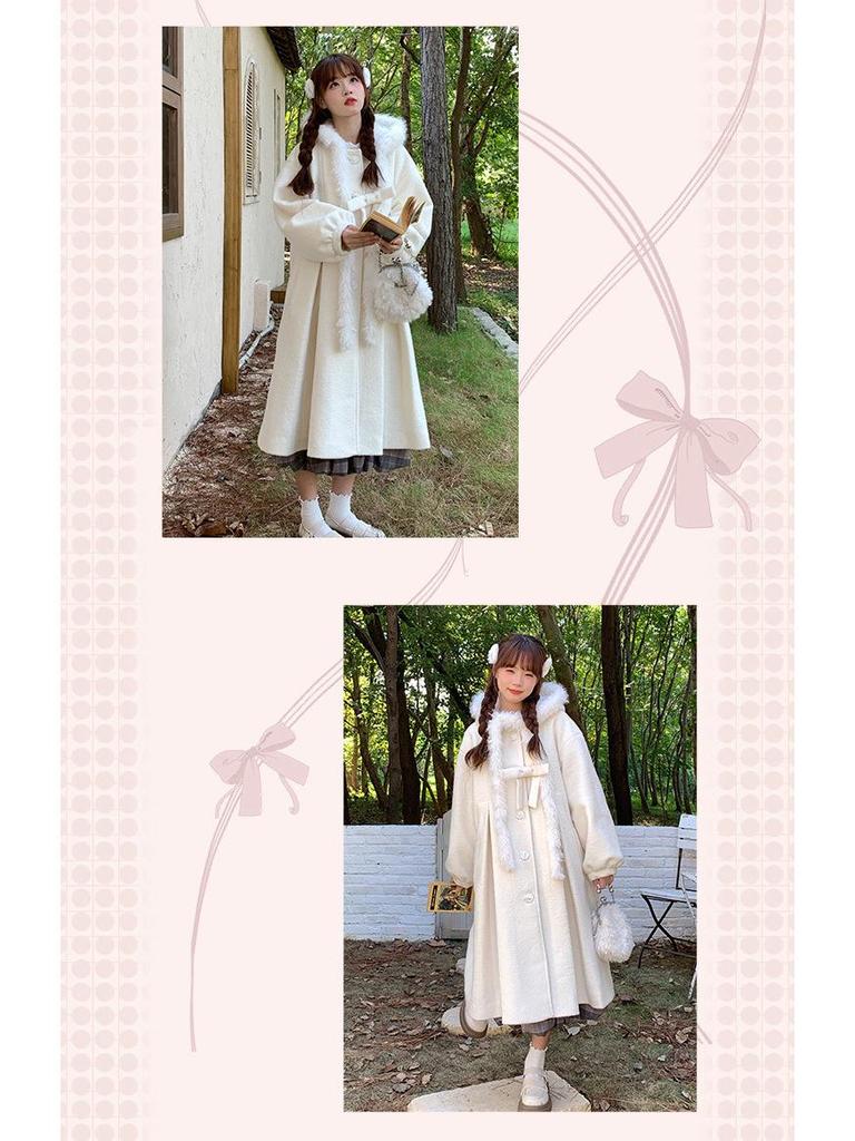 Women's White Wool Hooded Overcoat - Long Sleeve, Loose Fit, 2024 Autumn/Winter