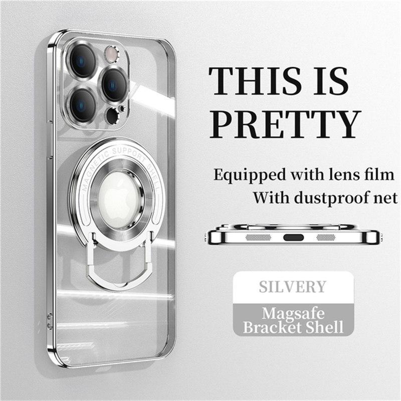 Plating Transparent Logo Hole Case For iPhone 13 12 14 Pro Max 11 13 Invisible Stand For Magsafe Magnetic Wireless Charge Cover