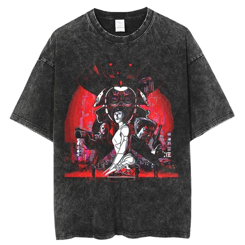 Modisches Ghost in the Shell Anime-T-Shirt mit verwaschenem O-Ausschnitt und kurzen Ärmeln für Damen, Schwarz, übergroß, lässig, Hip-Hop-Top