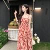 Seaside vacation wind beach dress summer suspender floral dress high waist thin versatile rose print dress