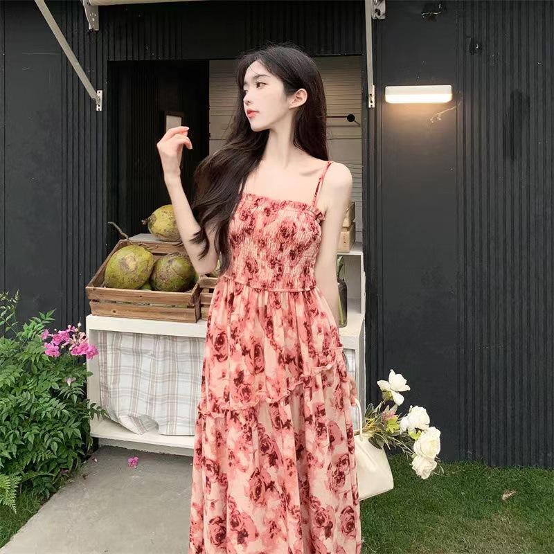 Seaside vacation wind beach dress summer suspender floral dress high waist thin versatile rose print dress