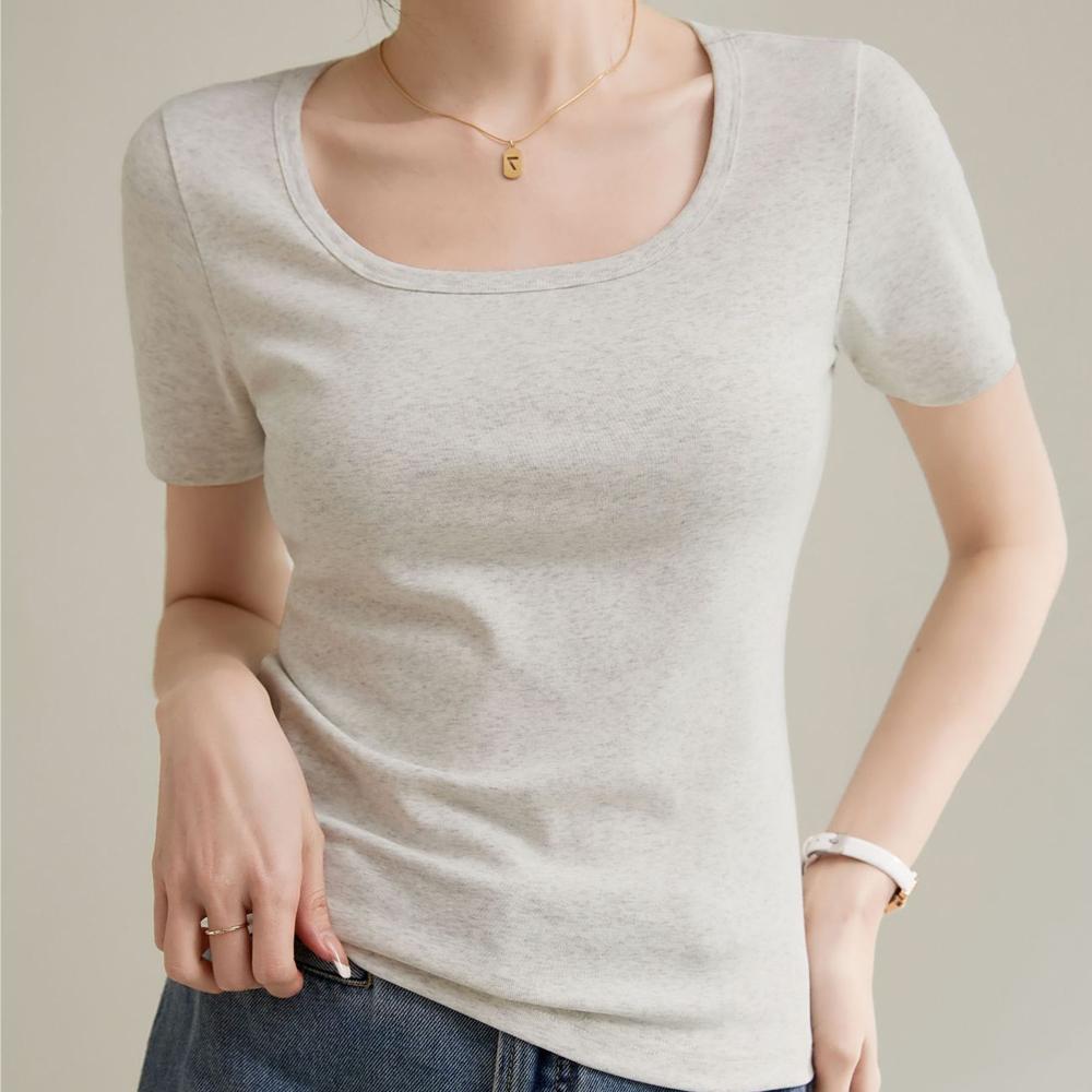 

Футболка с короткими рукавами из хлопка с квадратным круглым вырезом и высокой эластичностью для женщин, весна-лето 2024 г., новый облегающий топ-пуловер XXXL