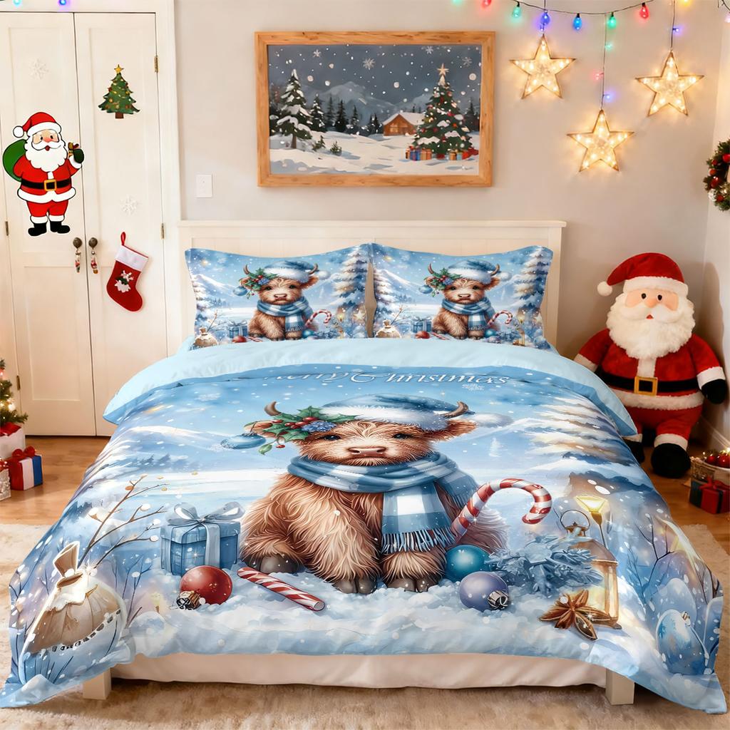 3pcs Merry Christmas Tree Highland Cow Printed Coreless Bedding Set Multi Size Bedroom Bedding Decoration