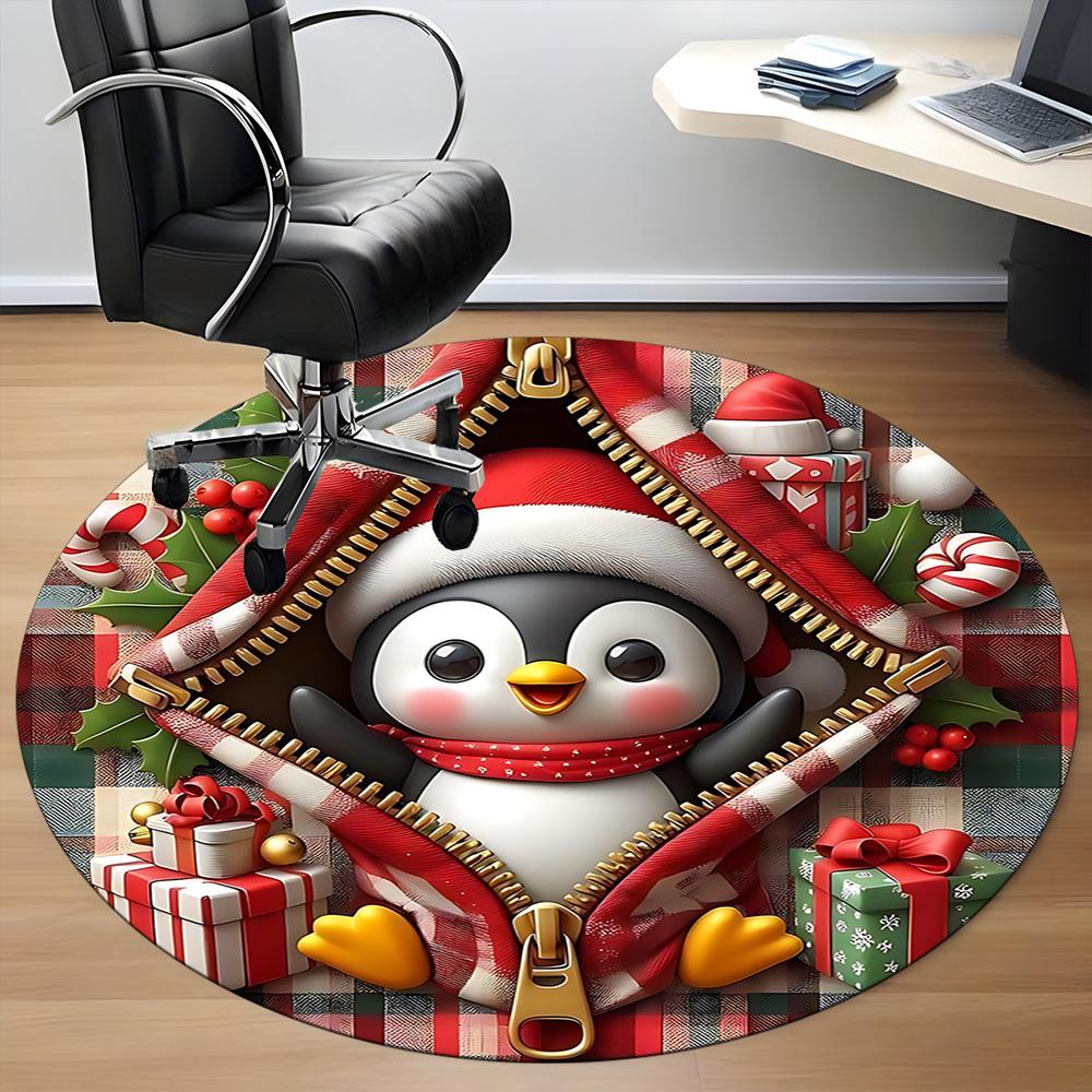 1PC Penguin Christmas Office Round Area Rug, Mat Suitable For Office, Under Office Chairs Bedroom Living Room Home Decor, Room Deco