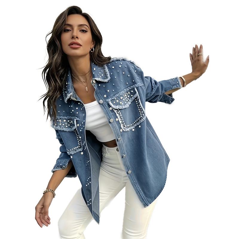 Beaded Long Lapel Oversize Blue Denim Jacket for Women