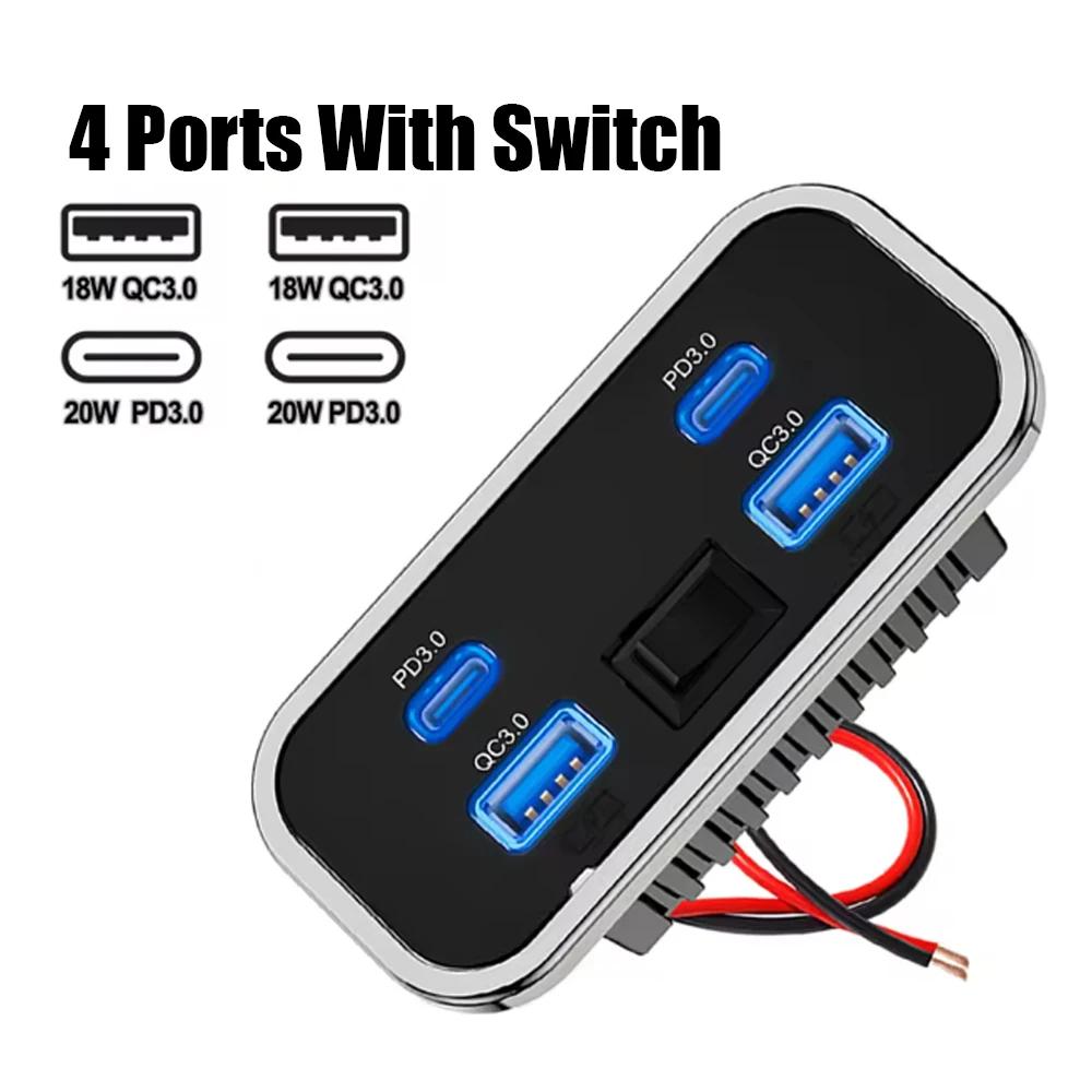 4 Ports Car Charger Dual USB Type-C Fast Charging Socket Panel QC3.0+PD3.0 Power Adapter For RV Bus Car Accessories