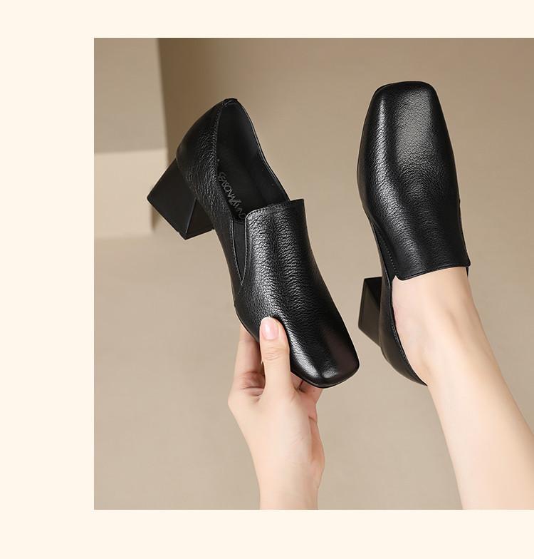 Sheepskin Women's Shoes Autumn New Style Square Head Coarse Custom Shoes Women's Middle Heel Commuting British Leather Shoes Le Fu Shoes Women