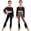 Mädchen Leopardenmuster Quasten Latein Tanz Outfit Langarm Crop Top Träger Verstellbare Hose