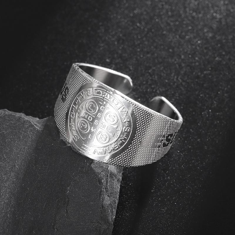 Stainless Steel Catholic Exorcist Saint Benedict Religious Adjustable Size Ring Christian Religious Prayer Jewelry for Men Women