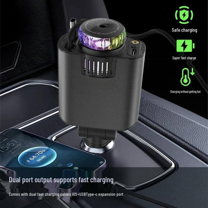 45W Fast Car Charger with Retractable Cable, Dual Port, Aromatherapy Design, Compatible with Apple & Huawei Phones