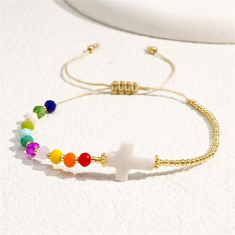 Crucifix Beaded Bracelet Bohemian Style Wristband Multicolor Crystal Beads Bangle For Women Casual Accessories