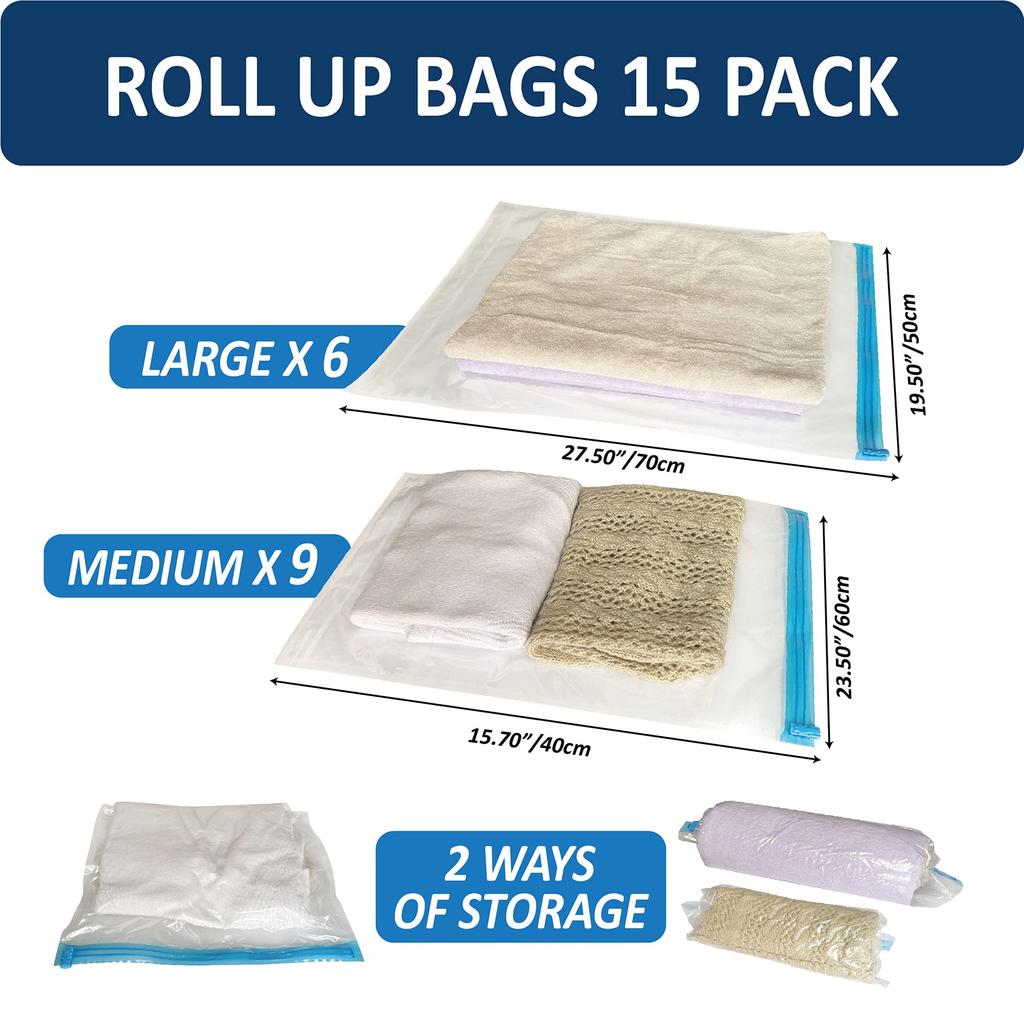 10 Pack Compression Bags Travel Essentials Space Saver Bags Hand Roll-Up Airtight Vacuum Storage Bags Clothes Organizers