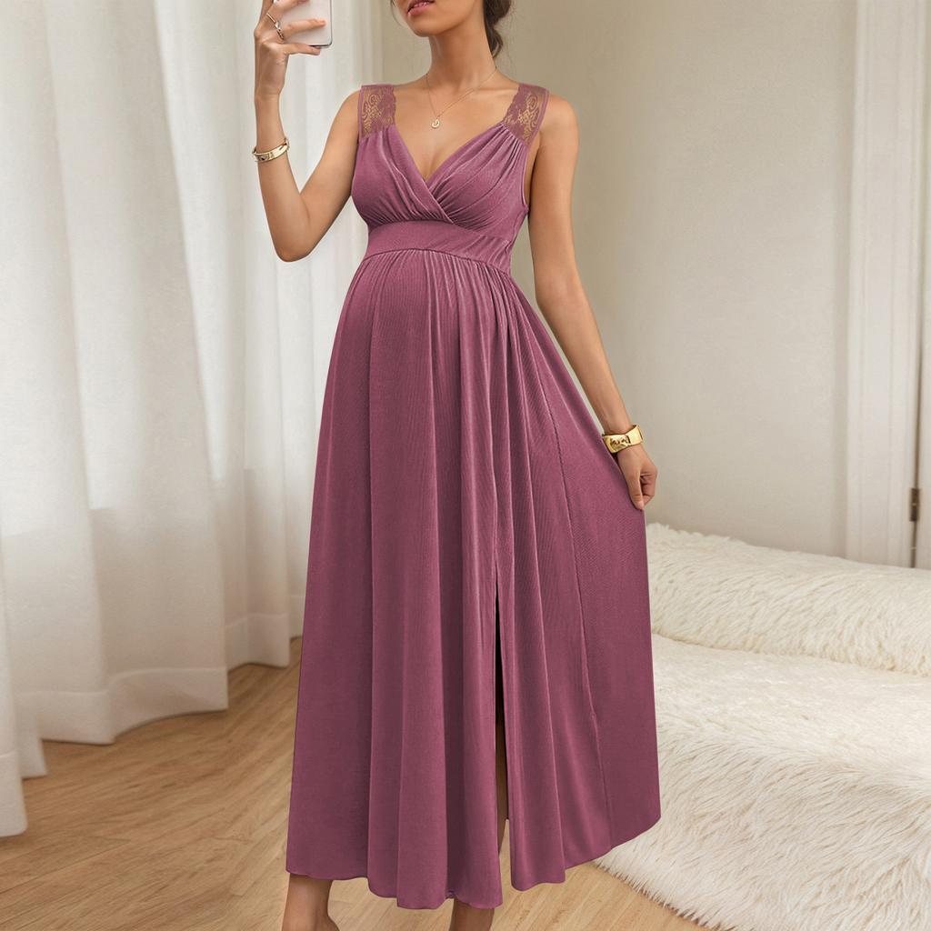 Women's Lace Shoulder Strap Pregnant Women's Long Dress Deep V Split Pregnant Women's Dress