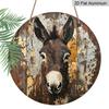 2D Flat, 1pc Round Aluminum Donkey Portrait Vintage Metal Sign, Retro Farm Animal Art Print with Distressed Rustic Finish - Vintage Wooden Background