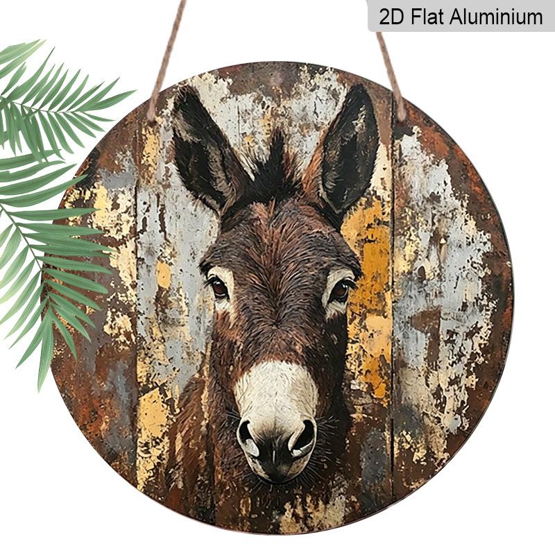 2D Flat, 1pc Round Aluminum Donkey Portrait Vintage Metal Sign, Retro Farm Animal Art Print with Distressed Rustic Finish - Vintage Wooden Background
