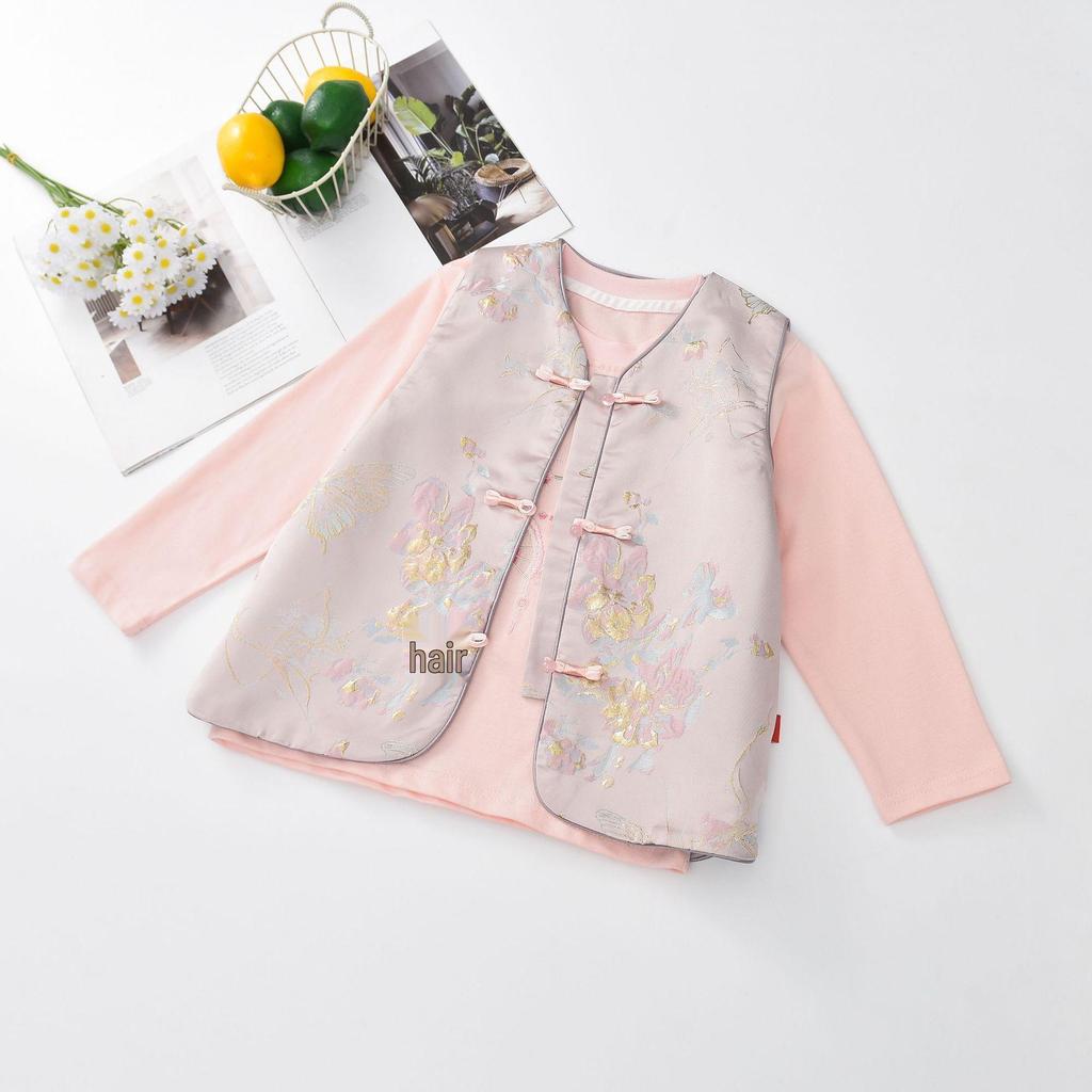 Autumn 2025 Girls' Frog Button Long Sleeve Shirt - New Chinese Style