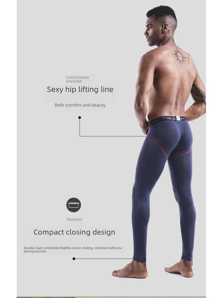 Men's Solid Color Mid-Waist Thermal Leggings - Comfortable, Slim-Fit, Cold-Resistant Autumn/Winter Wear