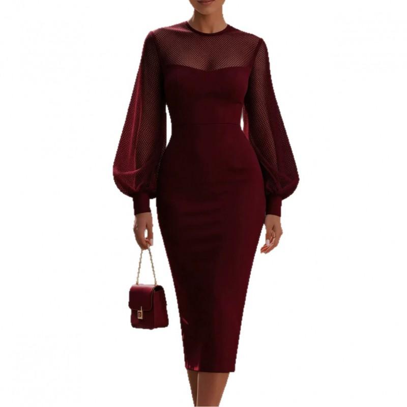 Elegantní přiléhavé šaty v francouzském stylu se síťovanými zvonovými rukávy Bodycon Fit 2026 Formální společenské šaty