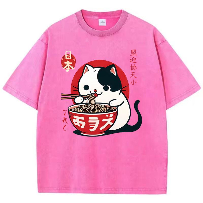 

Harajuku Washed T Shirt Cotton T-Shirt Japanese Cat Eat Ramen funny Graphic Tee Casual Streetwear Spring Summer S