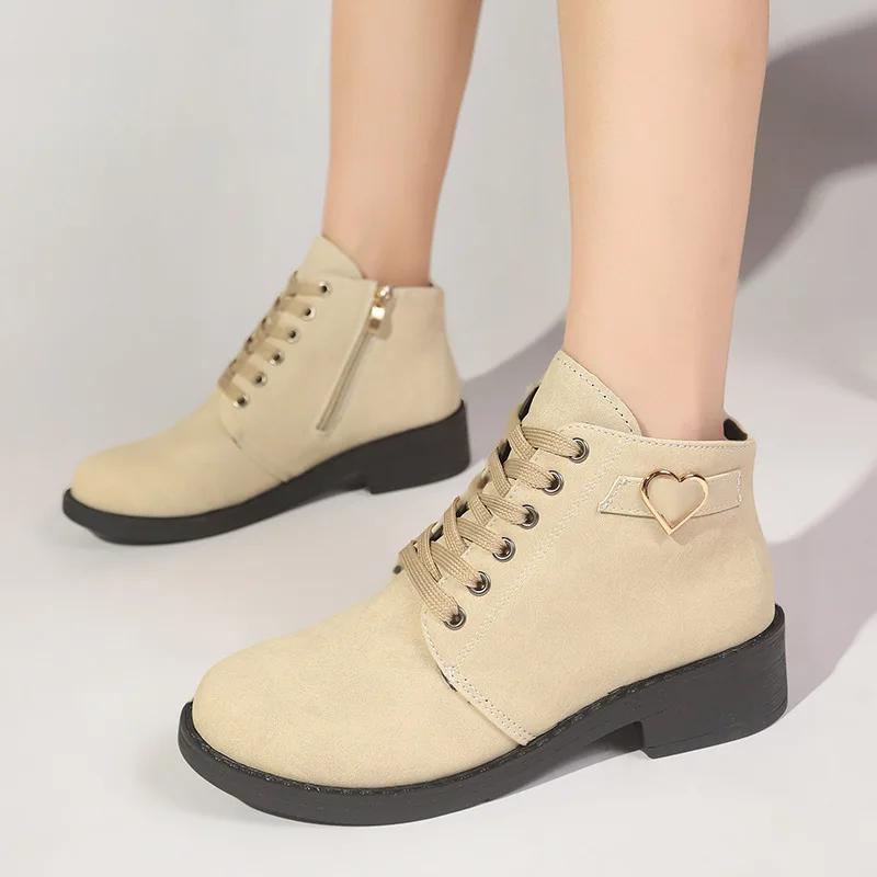 Winter Women Ankle Boots Retro Suede Mid Heels Shoes Lace Up Chunky Boots 2025 Trend Designer Classic Pumps New