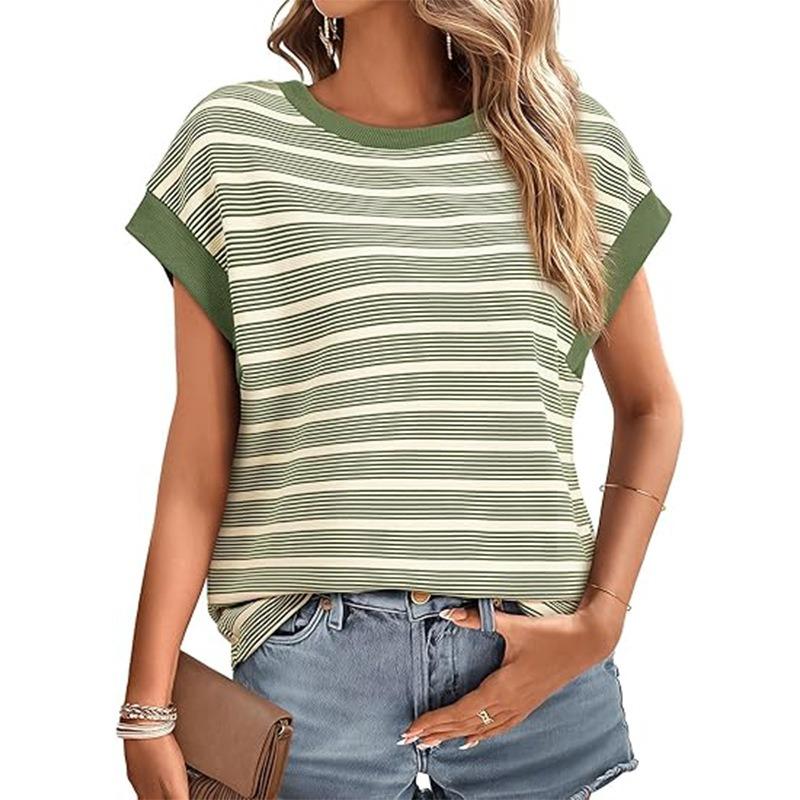 Summer Women's New Round Neck Striped Knitted T-shirt Fashionable Loose and Versatile Contrasting Color Top