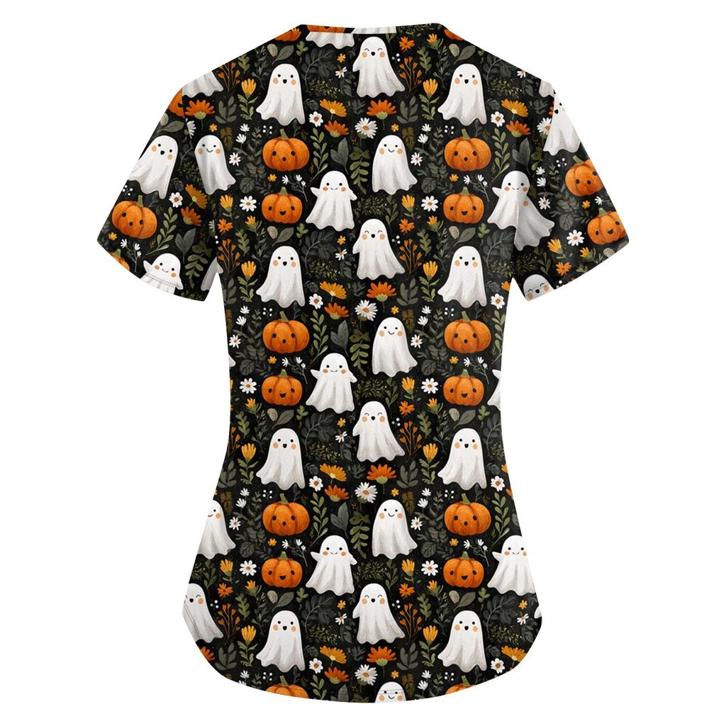 Women's Printing Uniform Work Uniform V-neck Pockets Basic Short Sleeve Pullover Top